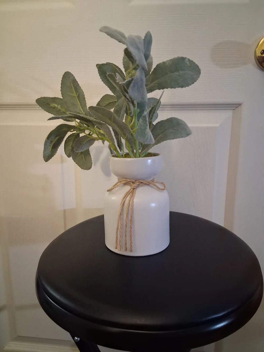 Ceramic White Vase with Natural Jute Accent and Green Faux Foliage